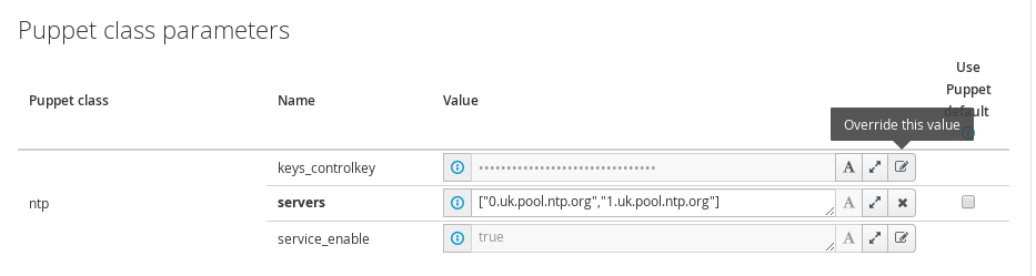 Parameters tab in host edit showing inline editing of an overridden value and a hidden parameter